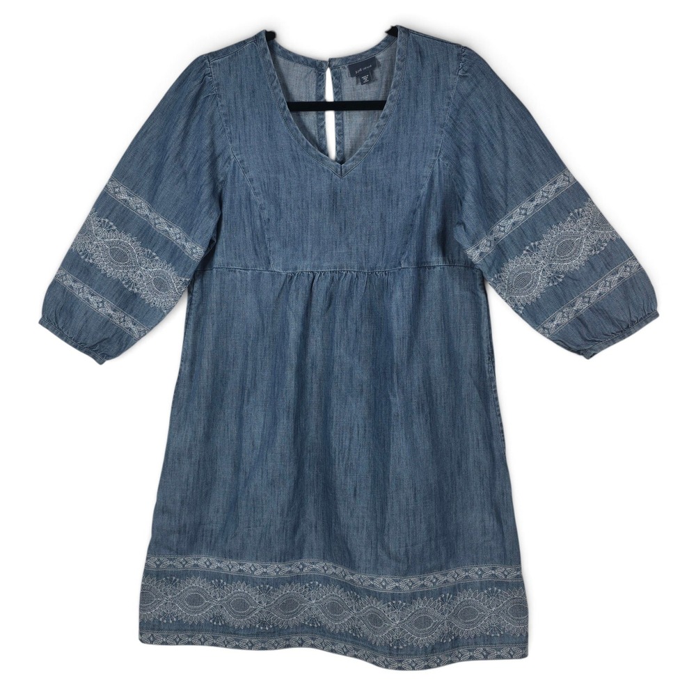 J. Jill Denim Dress Womens XSP Blue Embroidered Cotton Chambray Shift EUC Boho